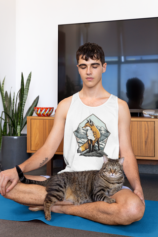 a person sitting in a lotus pose with a cat
